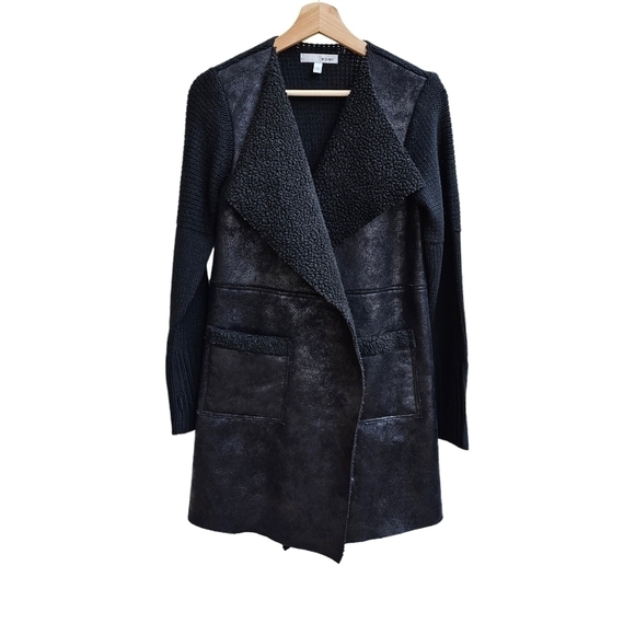 Black Faux Suede Subtle Iridescents, Faux Sherpa Cardigan Sweater/Jacket, Medium - Picture 1 of 10